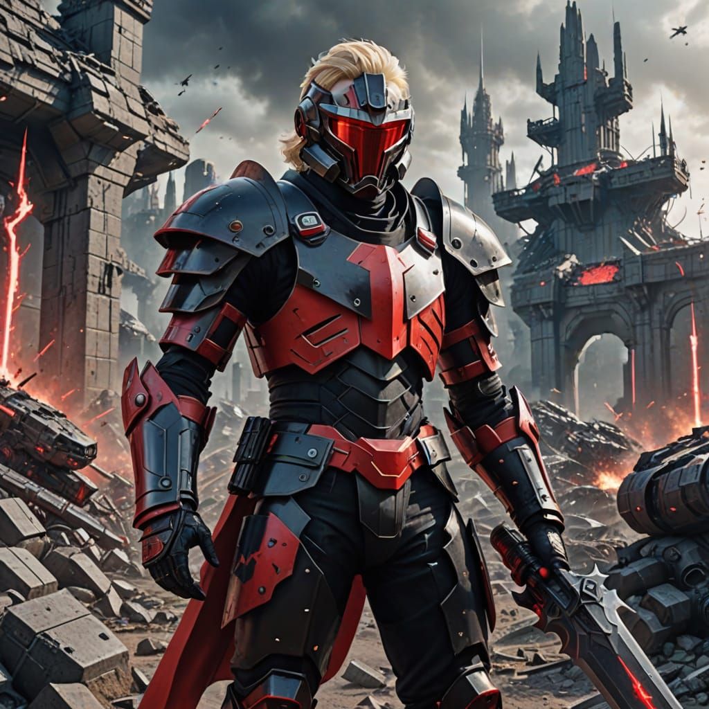 Futuristic Warrior in Black and Red Armor with Gadgets