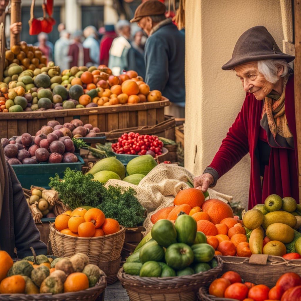 Medieval Market Scene with Woman Buying Produce