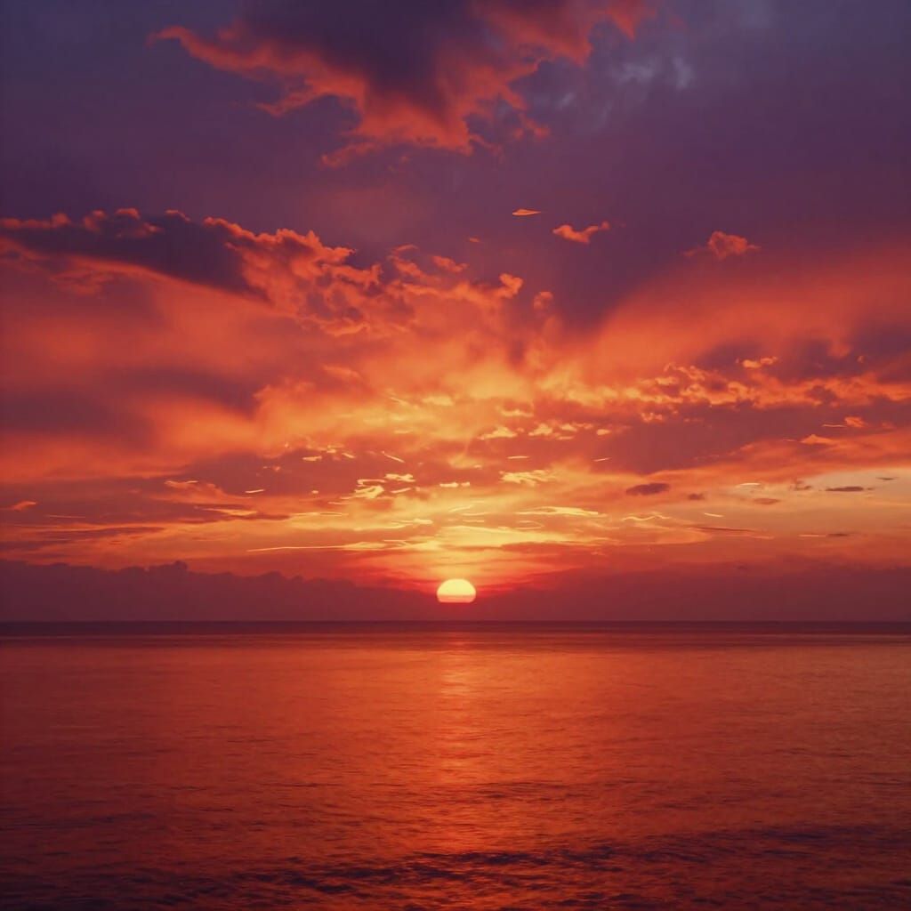 Vivid Red Sunset Over Calm Ocean in Turner Style