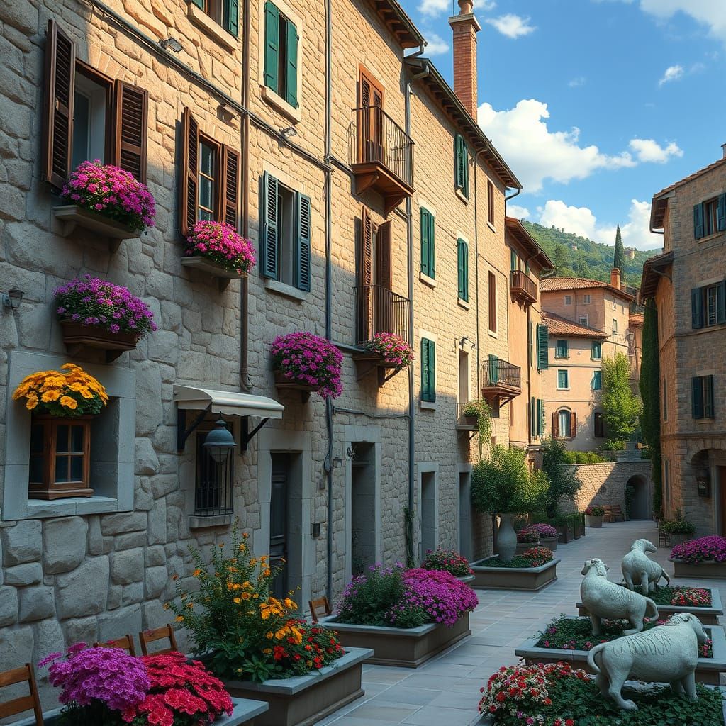 Italian Village with Stone Sculptures in Digital Matte Paint...