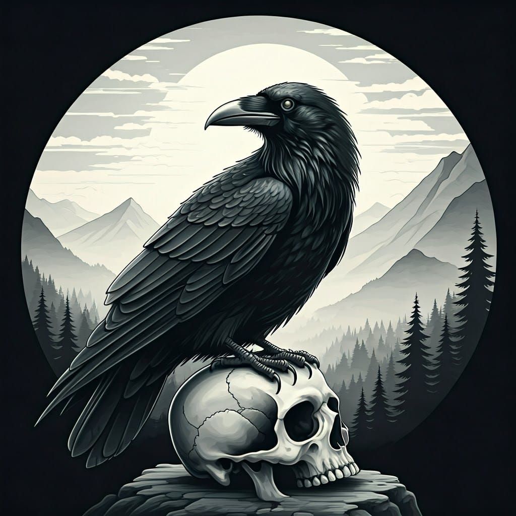 Raven Perched on Skull: Pencil Sketch Art