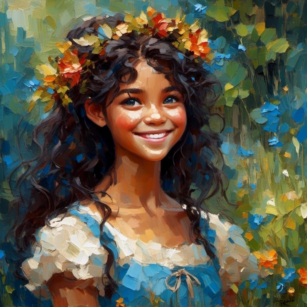 Smiling Half-Elf Girl as Impasto Painting