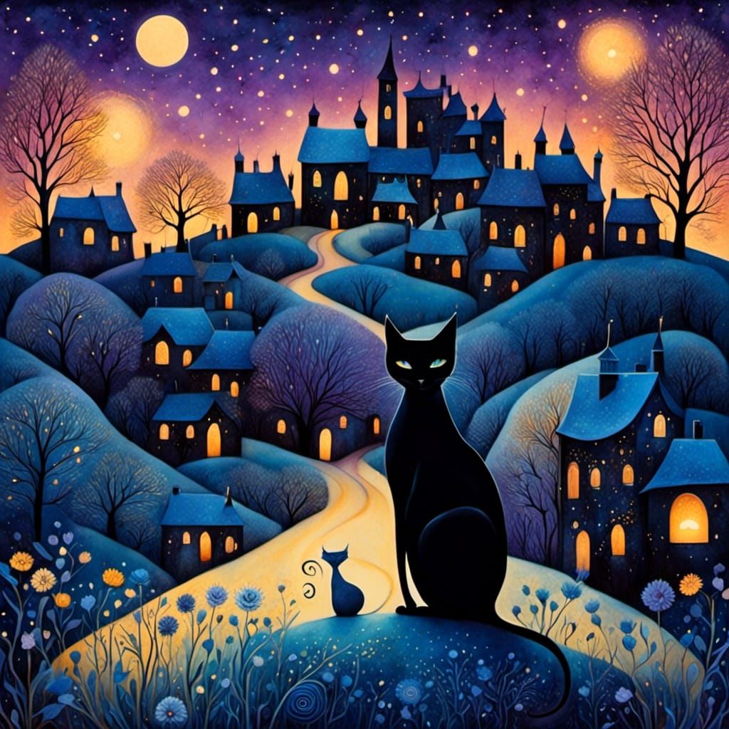 Black Cat in Candlelit Village, Art Brut Style
