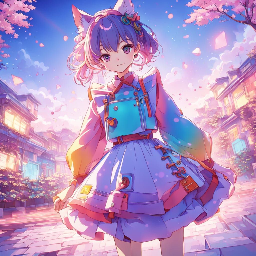 Vibrant Anime Girl in Whimsical Pastel Wonderland