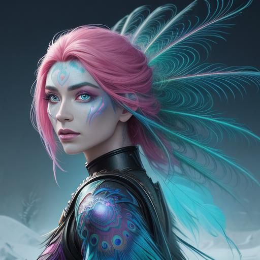 Iridescent Peacock Woman in Dreamlike Winter Landscape