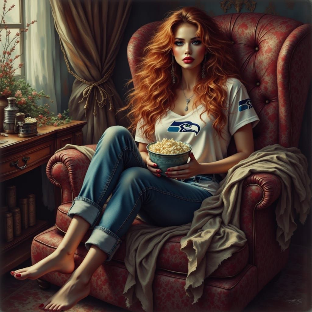 Woman Watching Seahawks Game in Velvet Chair