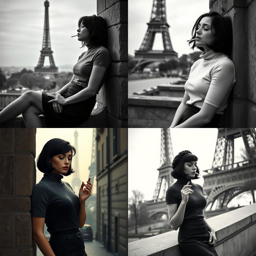 French Woman by Eiffel Tower in Moody Black and White