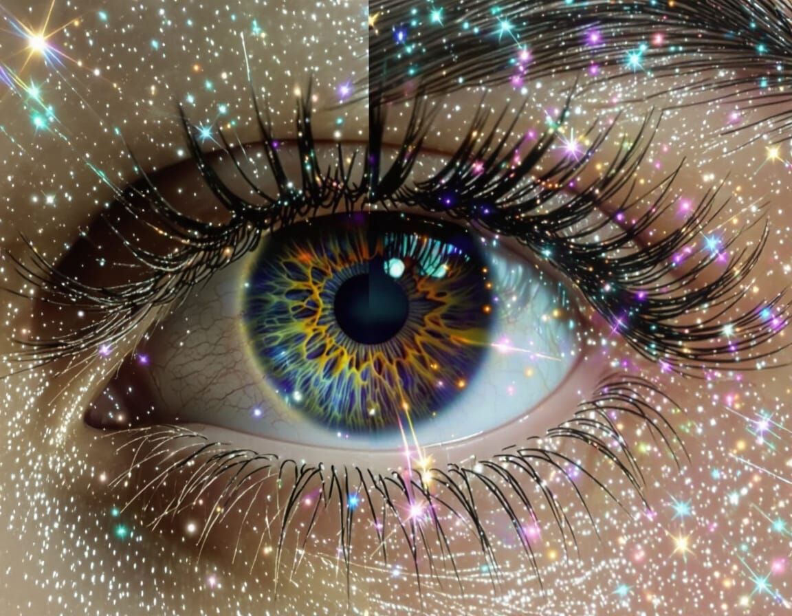 Cosmic Iris Portals with Stardust Explosion in Neon Colors