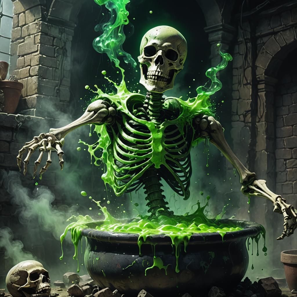 Skeleton Disintegrating in Bubbling Green Acid: Dark Fantasy...