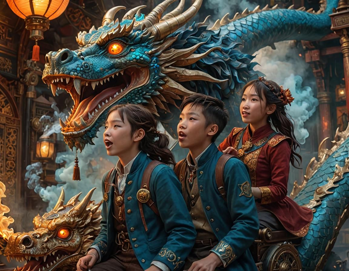 Children Ride Dragon in Steampunk Fantasy World