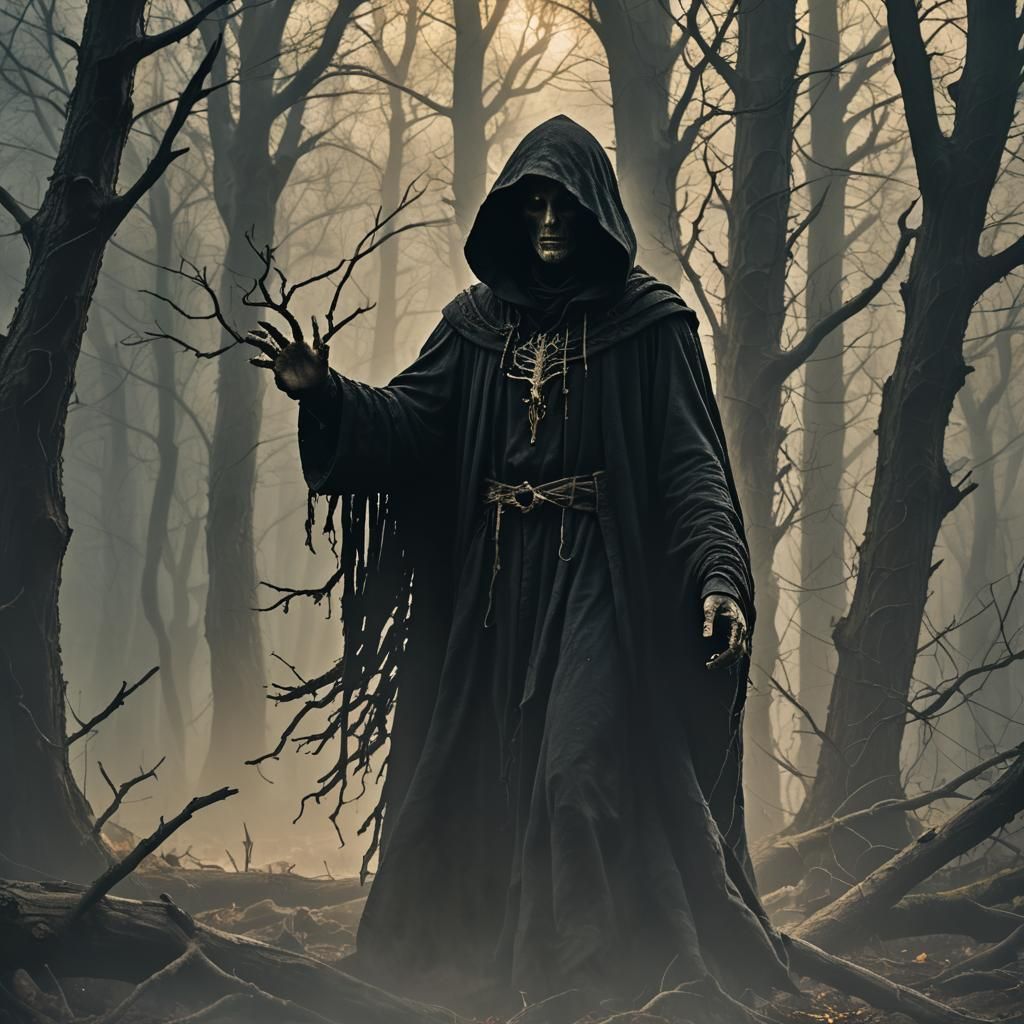 Hooded Figure in Eerie Forest: Dark Fantasy Art