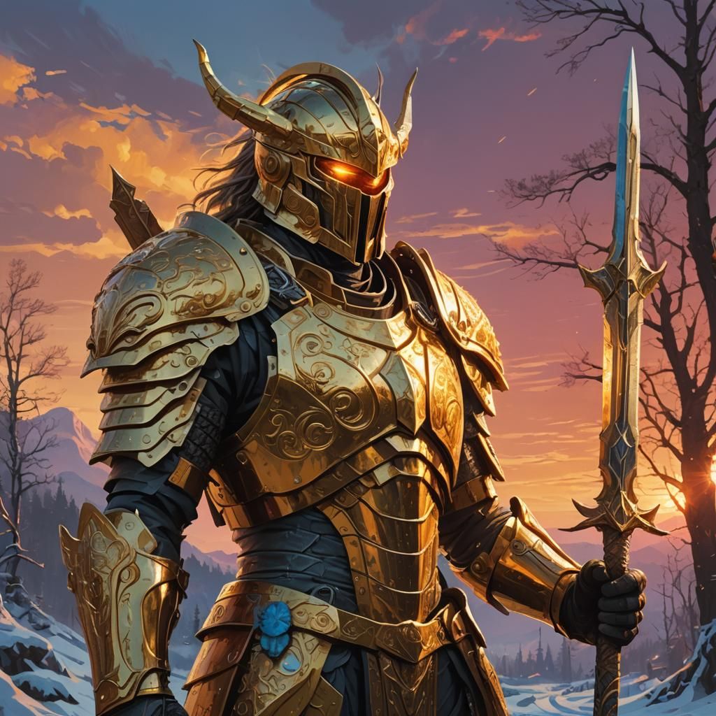 Legendary Warrior with Infinity Blade in Golden Armor