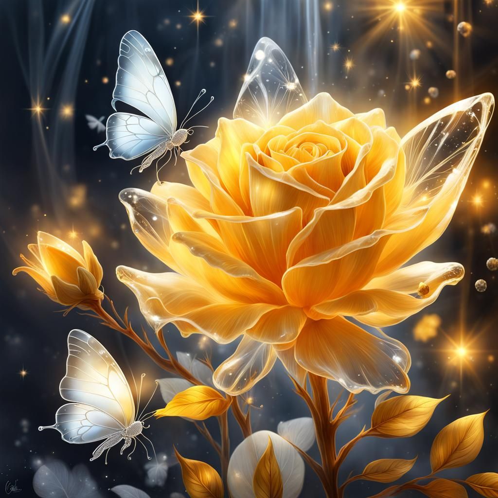 Crystalline Glass Rose with Butterflies in Digital Art