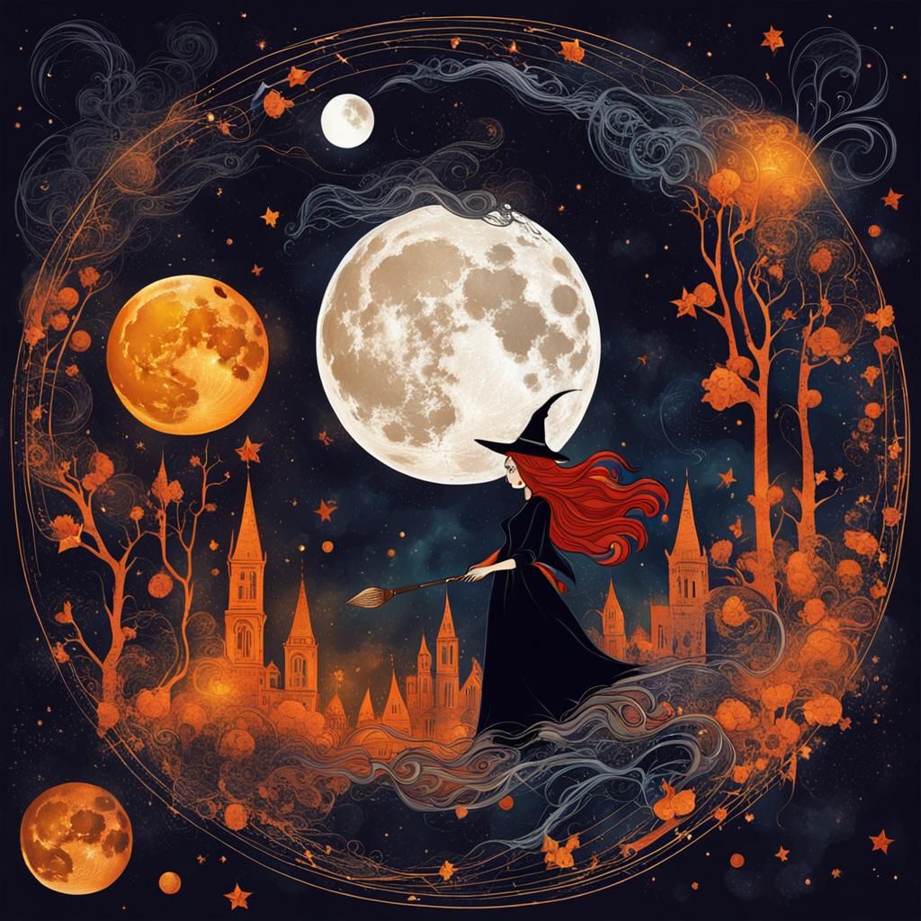 Pretty Witch Silhouetted Against Lunar Eclipse