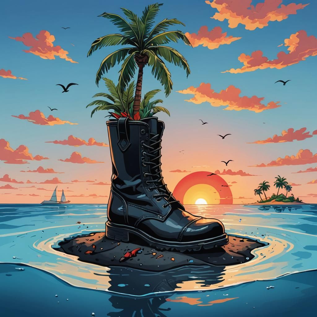 Cartoon Boot Island in Endless Blue Ocean