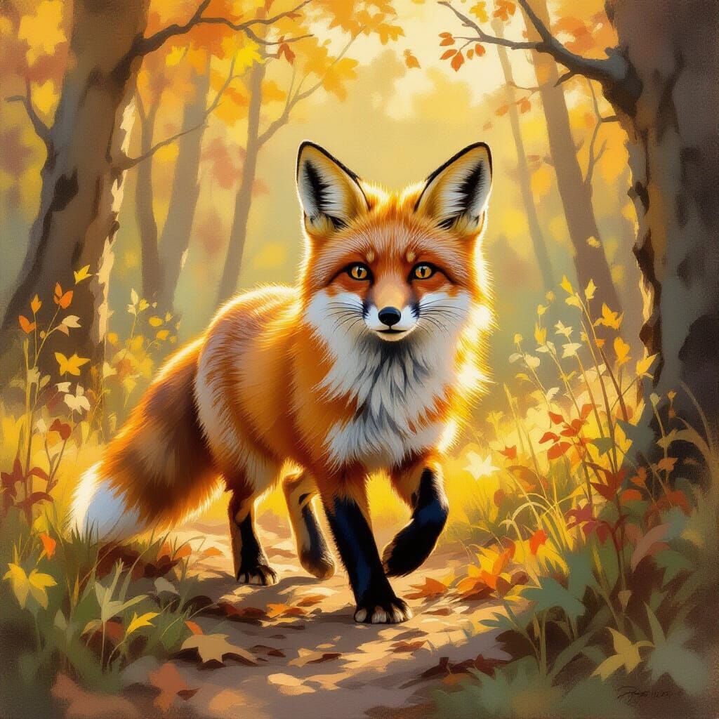 Red Fox in Sunlit Forest Oil Painting