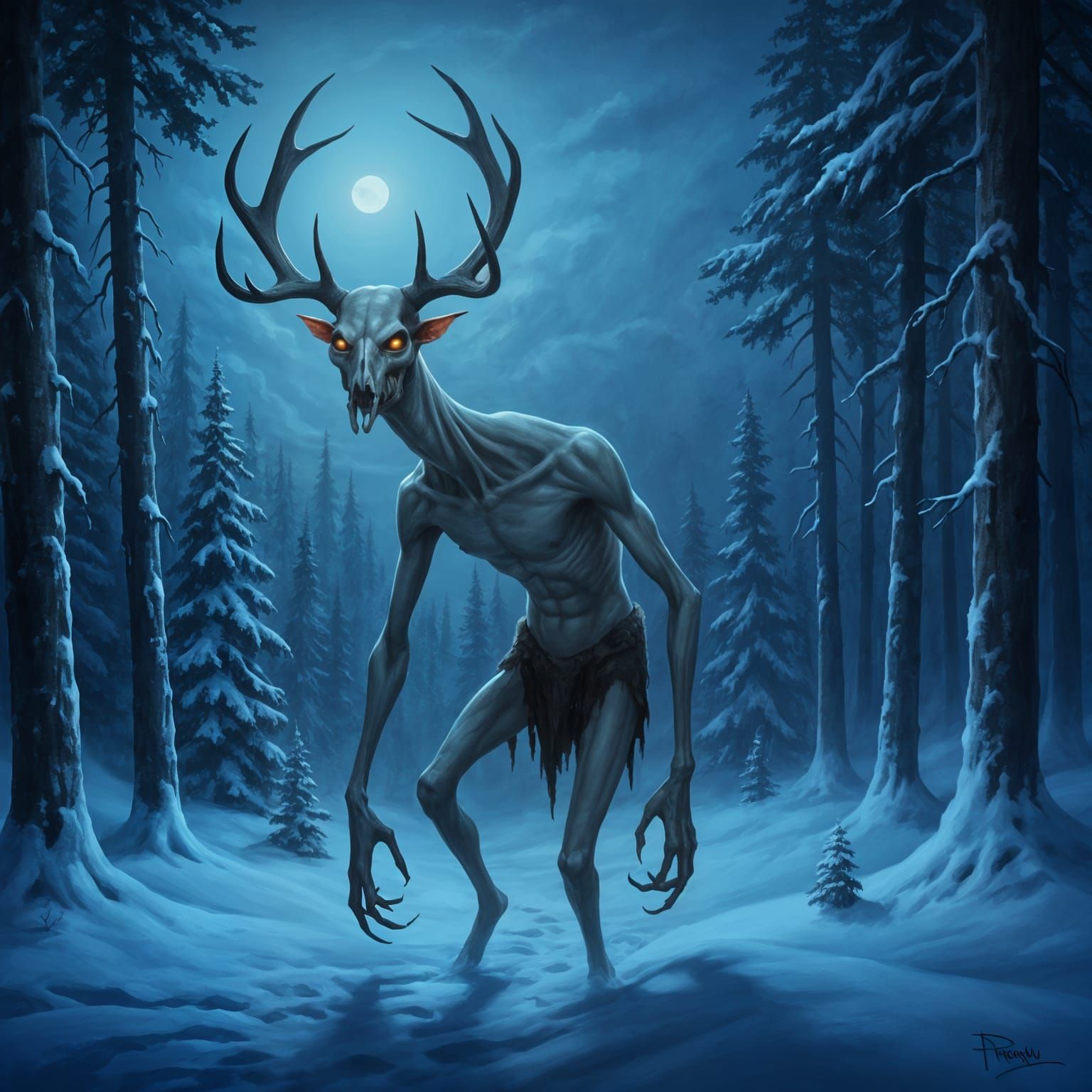 Towering Wendigo Stalks Snowy Forest in Dark Fantasy Style