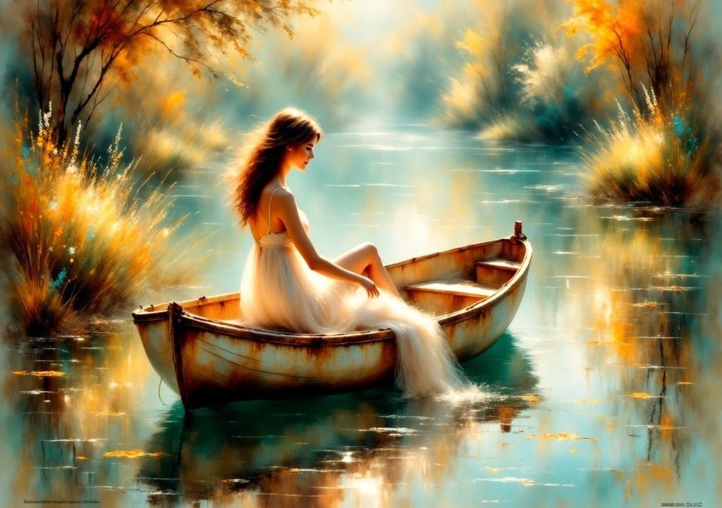 Serene Woman in Boat: An Impressionist Painting