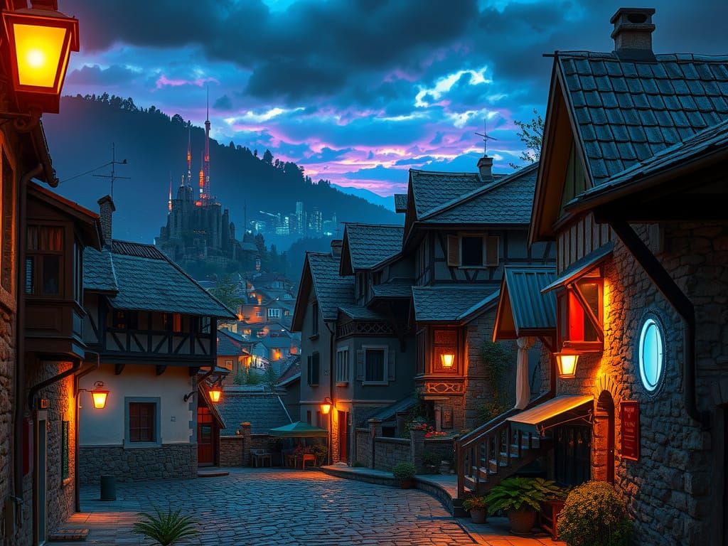 Cyberpunk Village Under Neon Skies