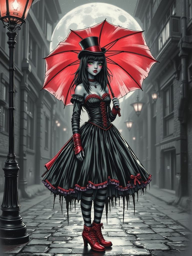 Cyberpunk Goddess with Red Umbrella in Moonlit Streets