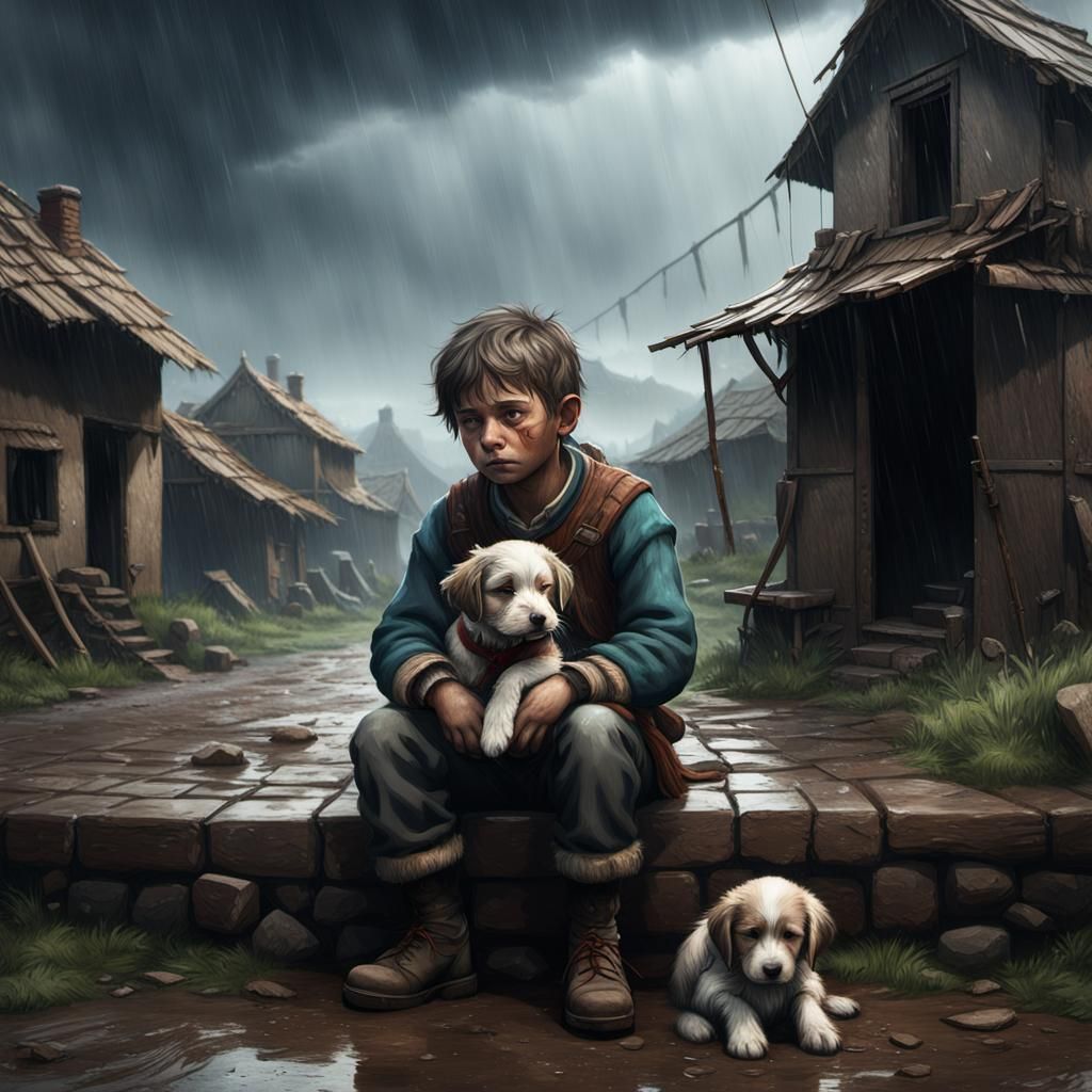 Sad Boy and Puppy in Abandoned Village