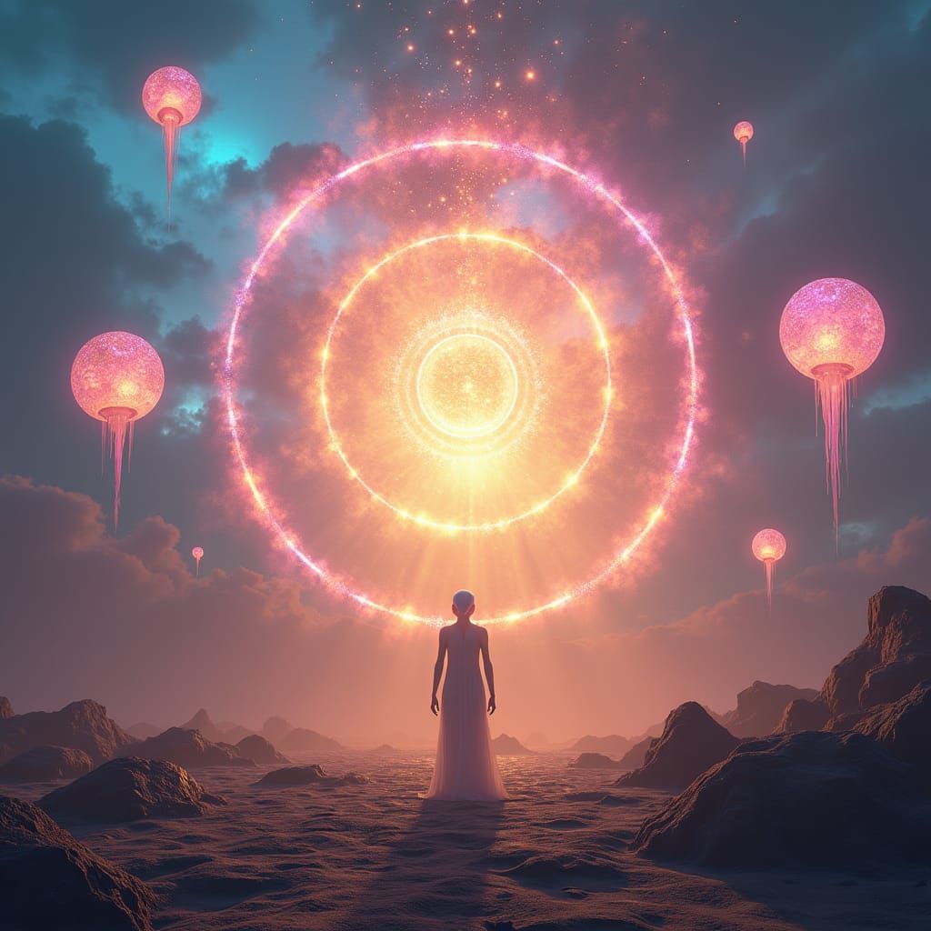 Mystical Alien Convergence in Dreamlike Landscape