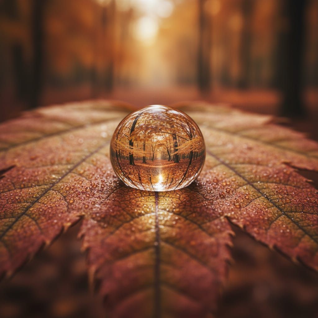 Autumn Forest Reflected in Water Drop on Leaf