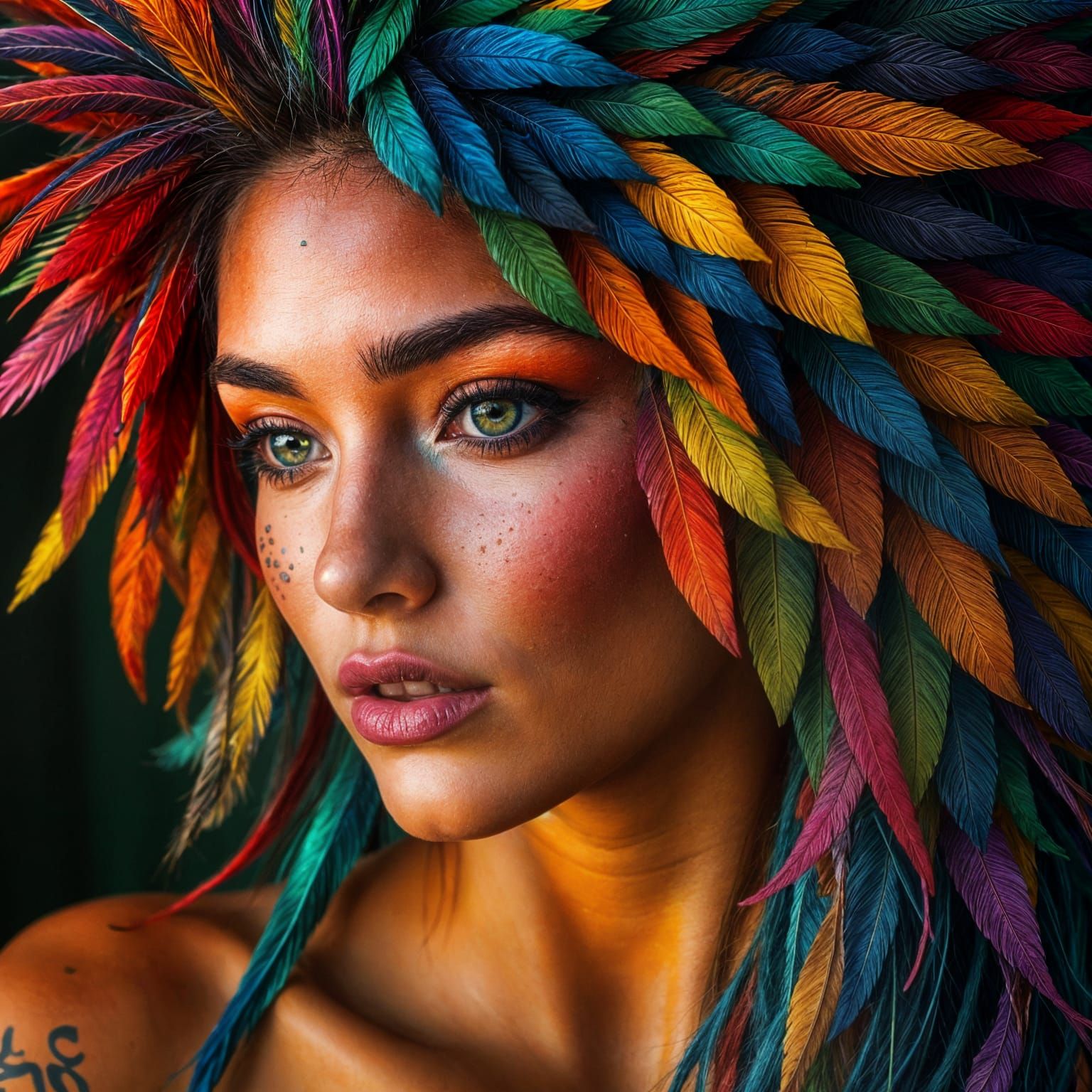 Hyperrealistic Beauty with Colorful Skin and Feathers