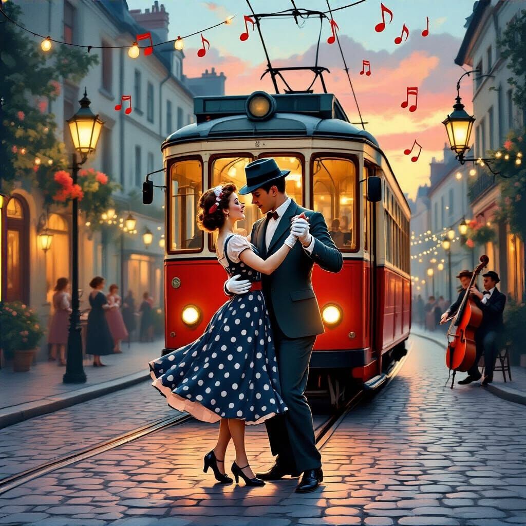 Romantic 1940s Couple Dancing Under Lanterns