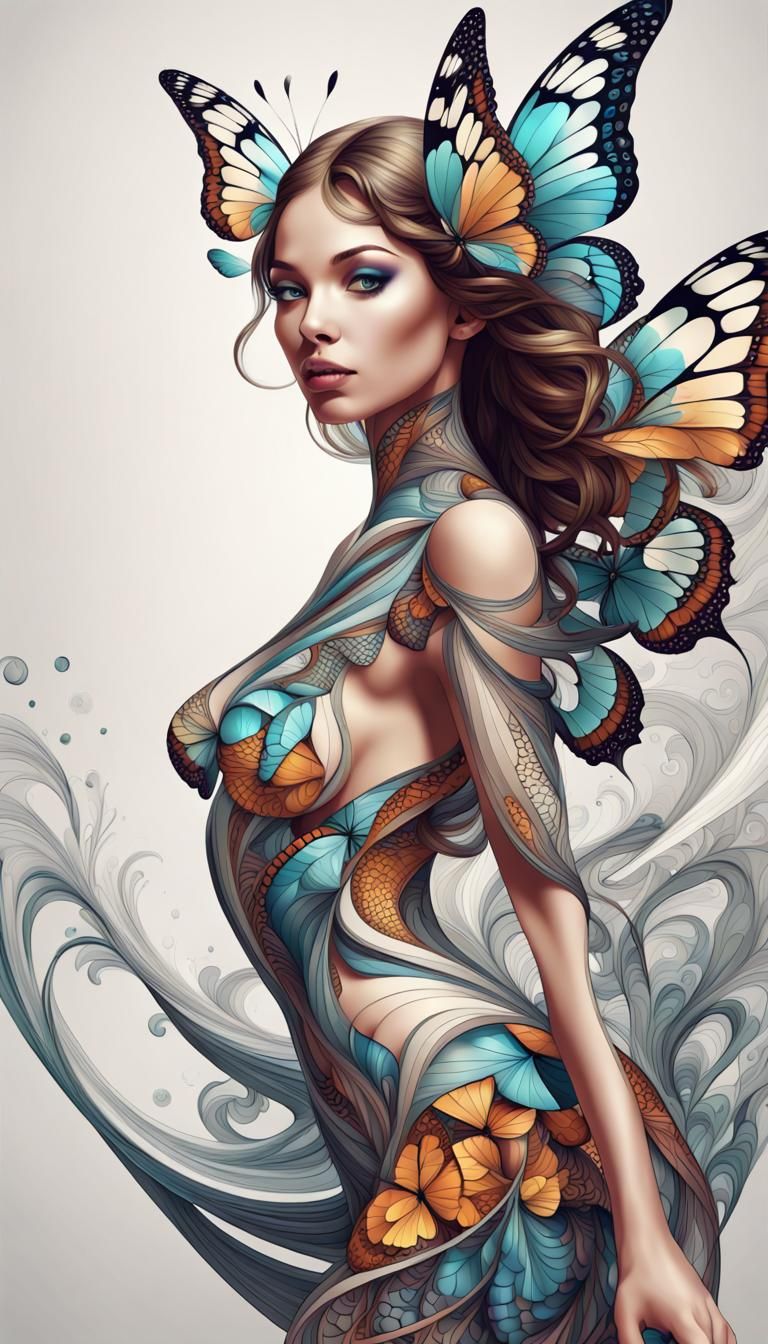 Abstract Flying Butterfly Woman in Fractal Style