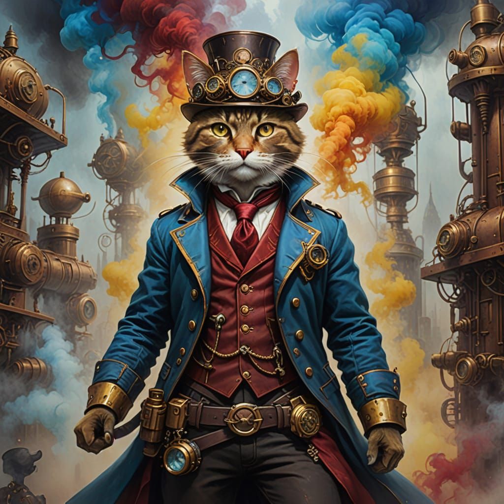 Steampunk Cat in Vibrant Misty Landscape