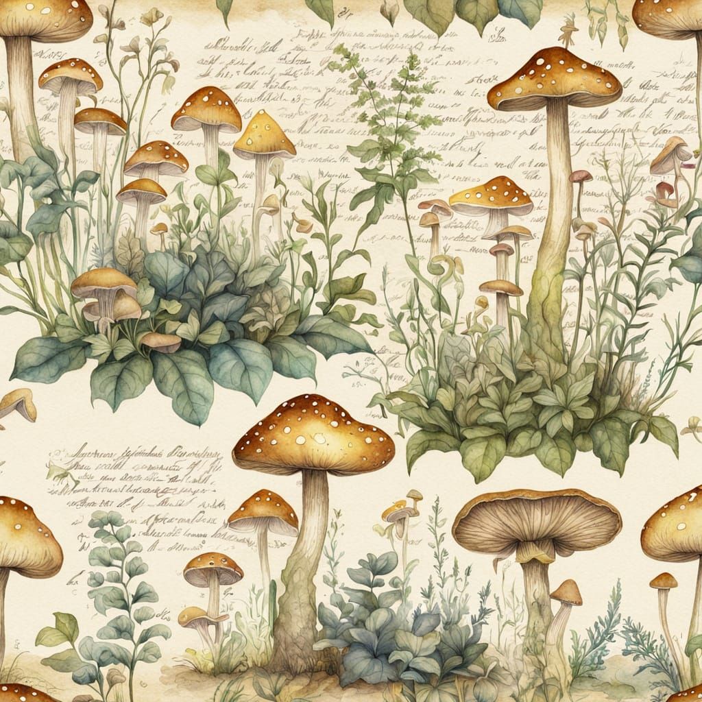 Vintage Fairy Garden Botanical Illustration with Glowing Mus...