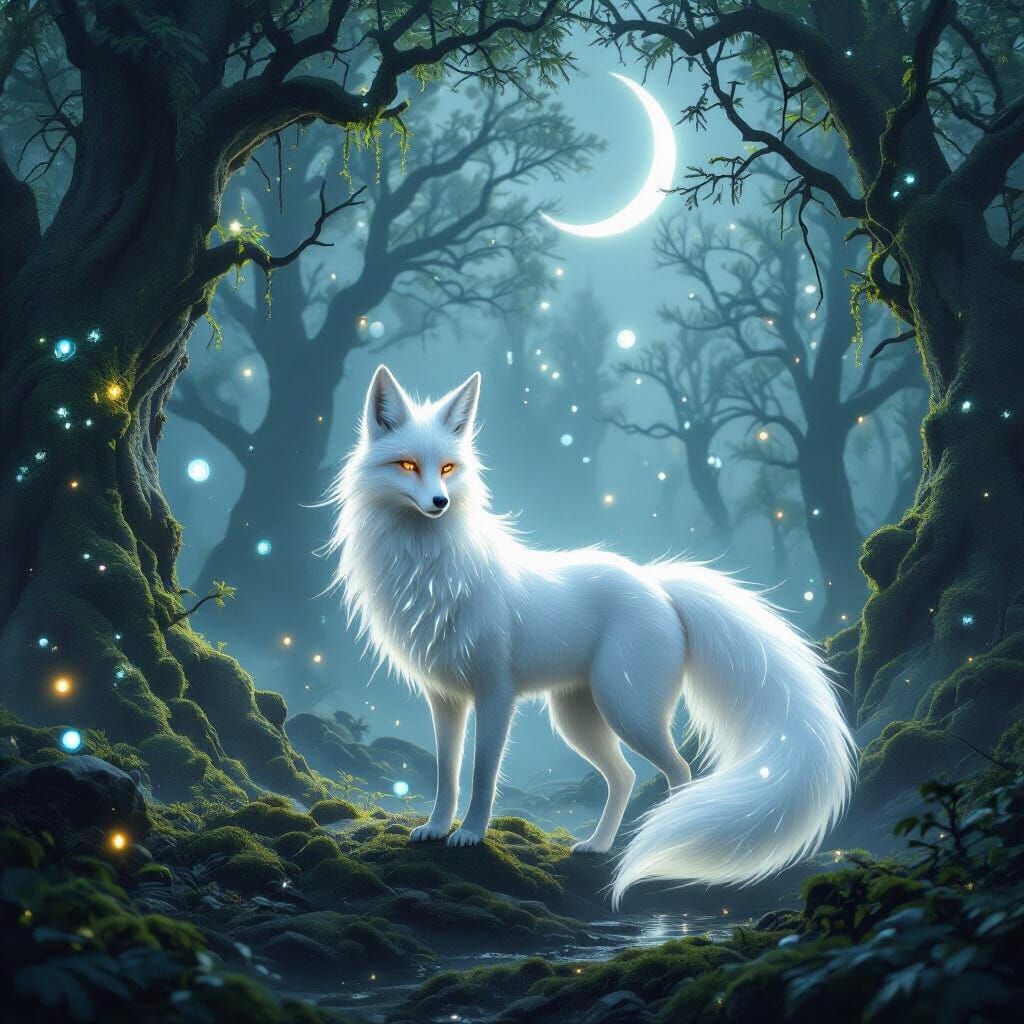 Glowing Nine-Tailed Fox in Bioluminescent Forest