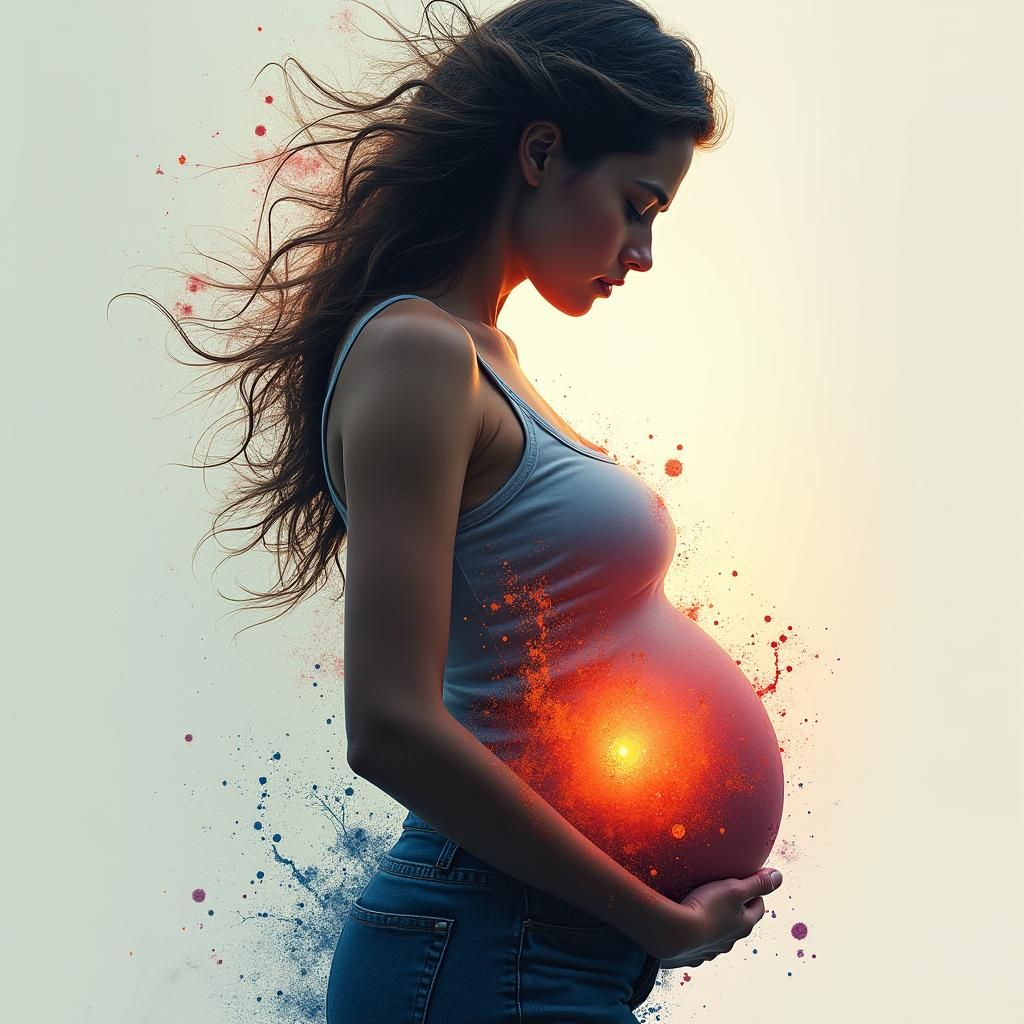Double Exposure: Pregnant Woman and Fetus in Splash Art