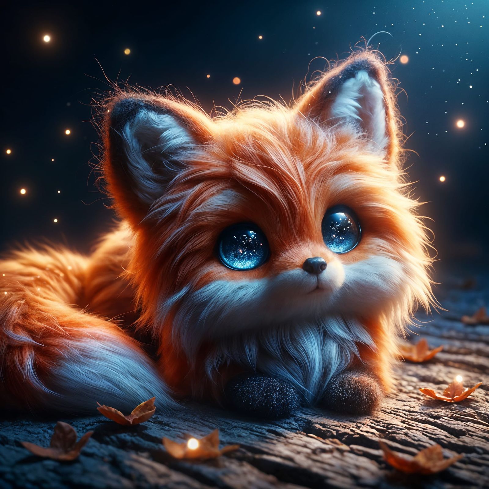 Adorable Chibi Fox with Fireflies in Digital Art