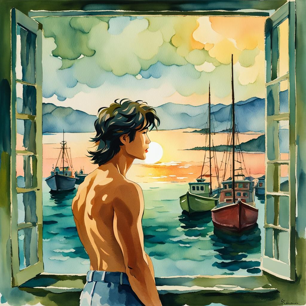 Korean Man Gazing at Sunset: Dutch Golden Age Style