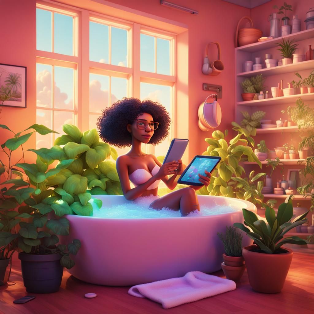 Woman in Bubble Bath with Wine: 3D Digital Art