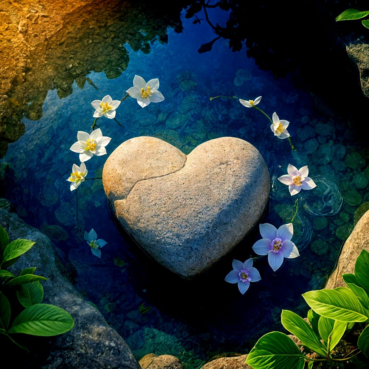 Heart-Shaped Stone in Serene Spring Oasis