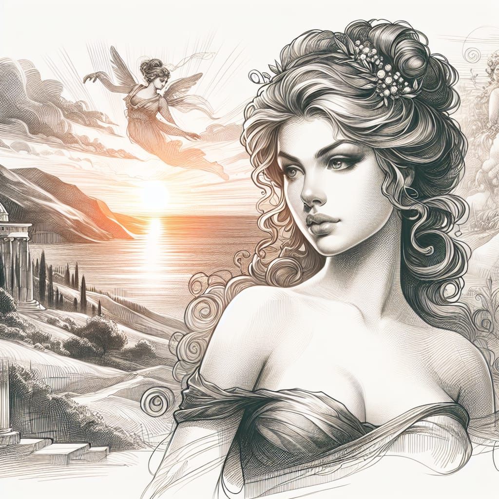 Pencil Sketch, Portrait, Beautiful greek Woman