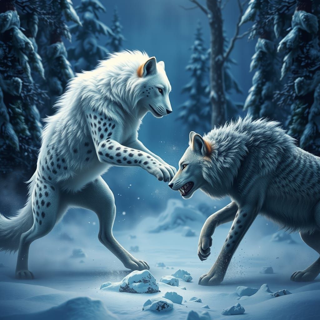 Hybrid Feline Wolf Battle in Snowy Forest