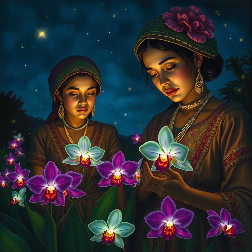 Bioluminescent Orchid Harvest: A Magical Realism Scene