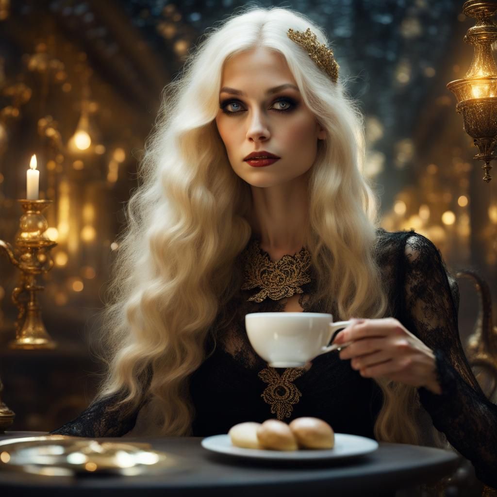 Jolly Woman Sipping Coffee in Golden Light