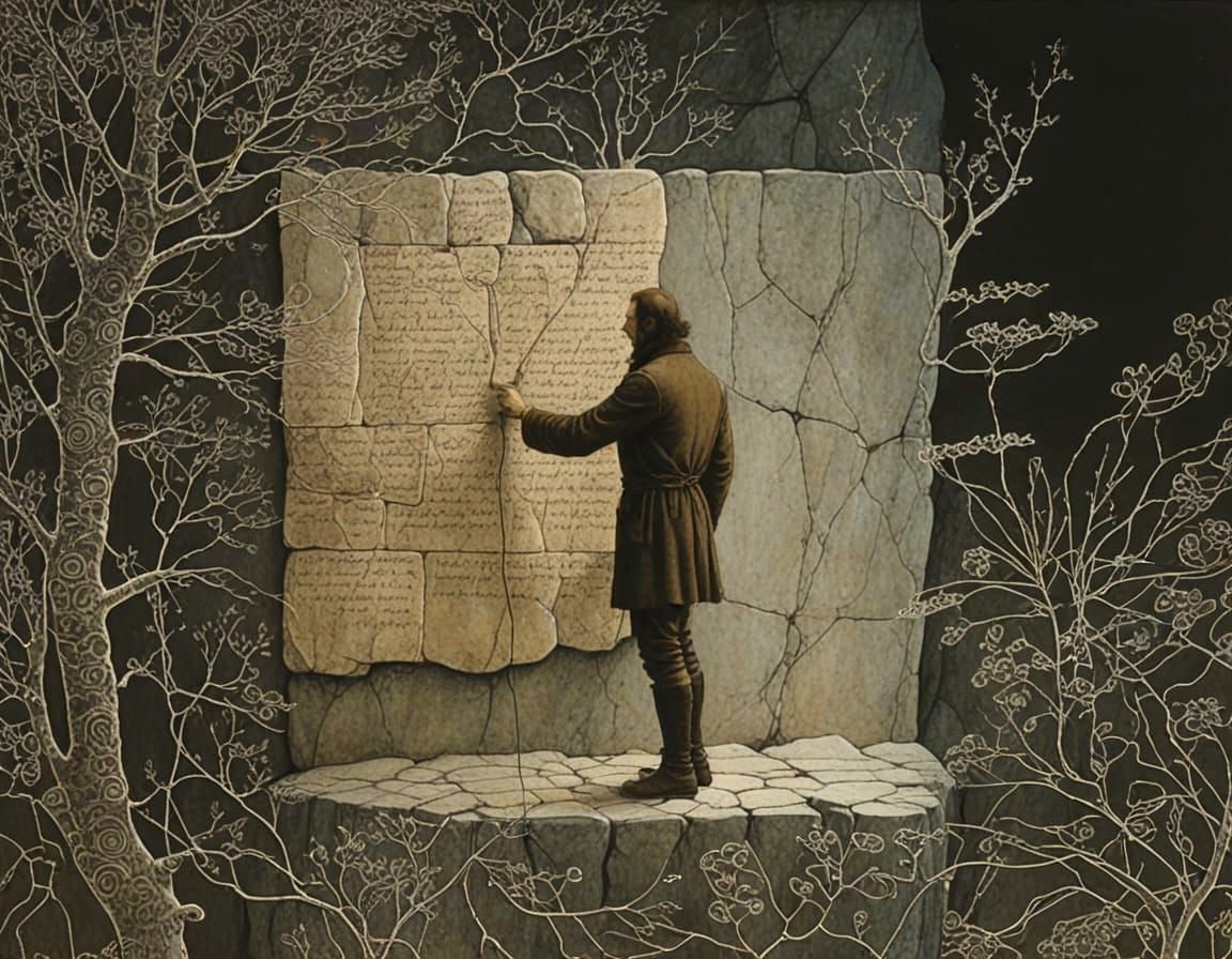 Man Writes Letter on Rock Wall by John Bauer Style