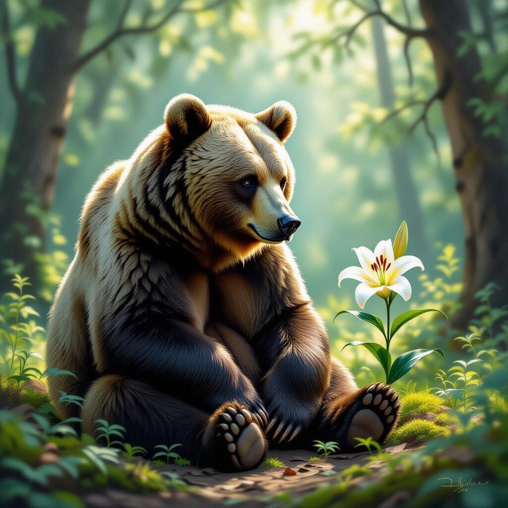 Bear and Lily in Forest Clearing, Neo-Impressionist Style