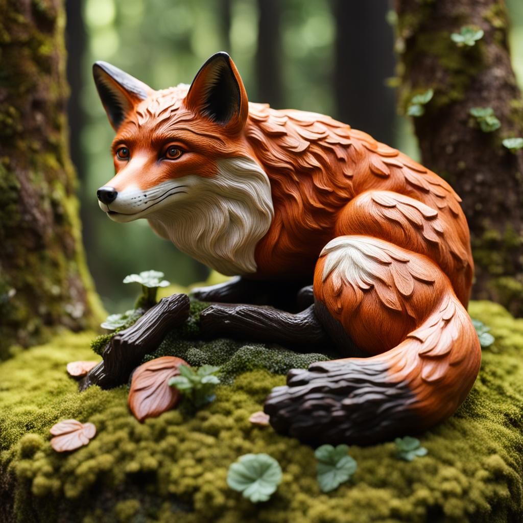 Hyperrealistic Ceramic Fox Statue on Moss Bed