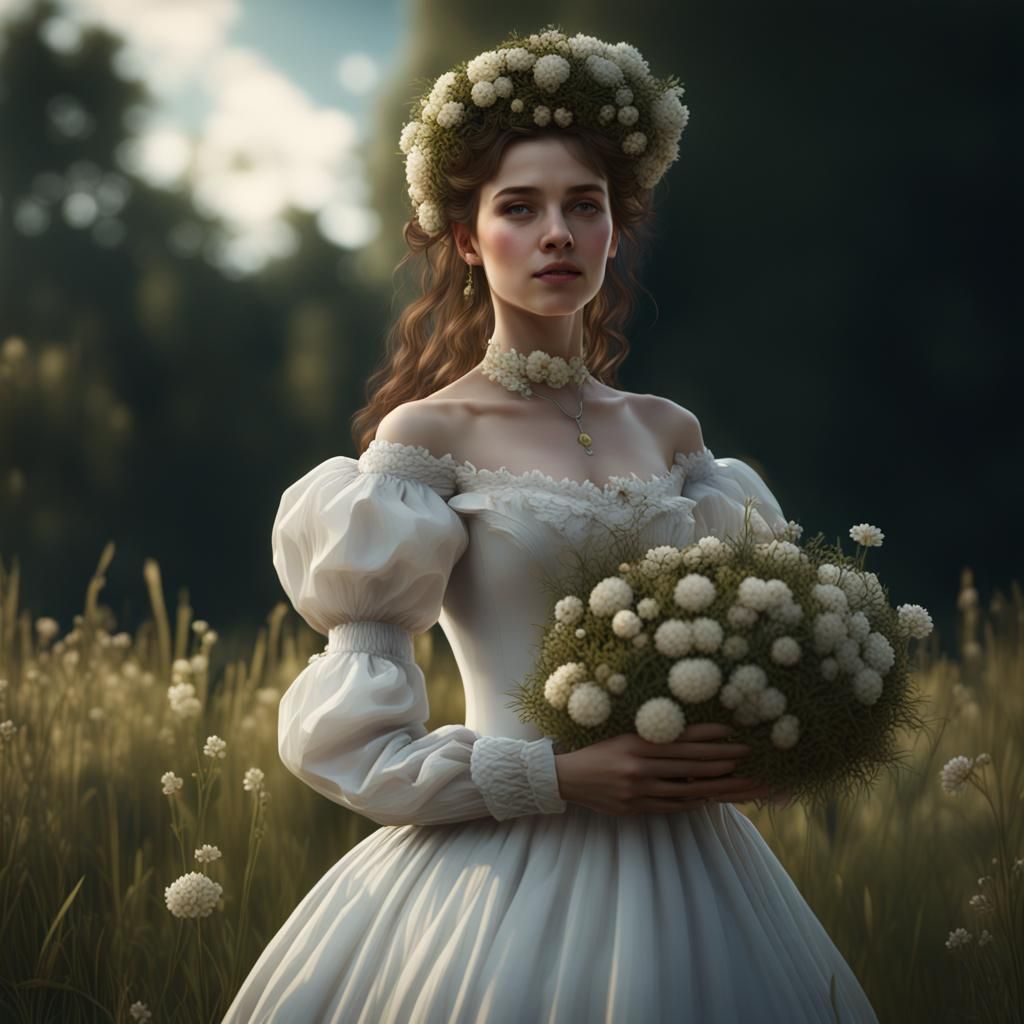 Victorian Woman in Field with Floral Wreath