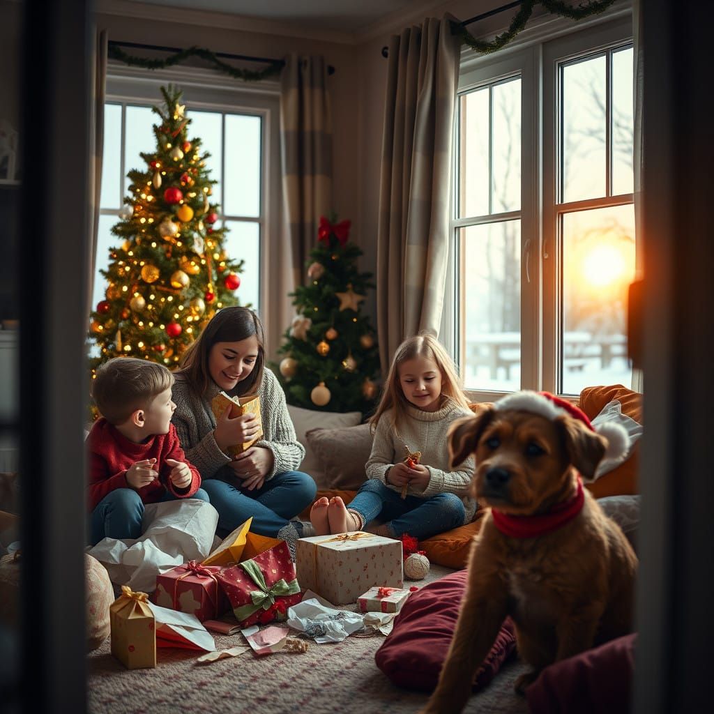 Joyful Family Scene with Vibrant Christmas Tree and Snowy Wi...
