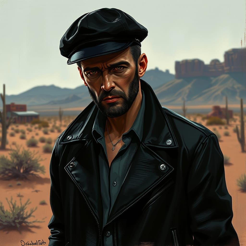 Stoic Figure in Desert Landscape, Comic Book Style