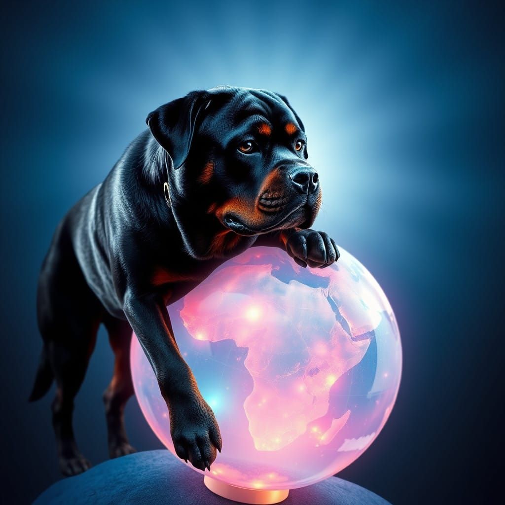 A Rottweiler dog of rare beauty with fantastically tinted sapphire blue eyes standing on a transparent luminescent sapph...