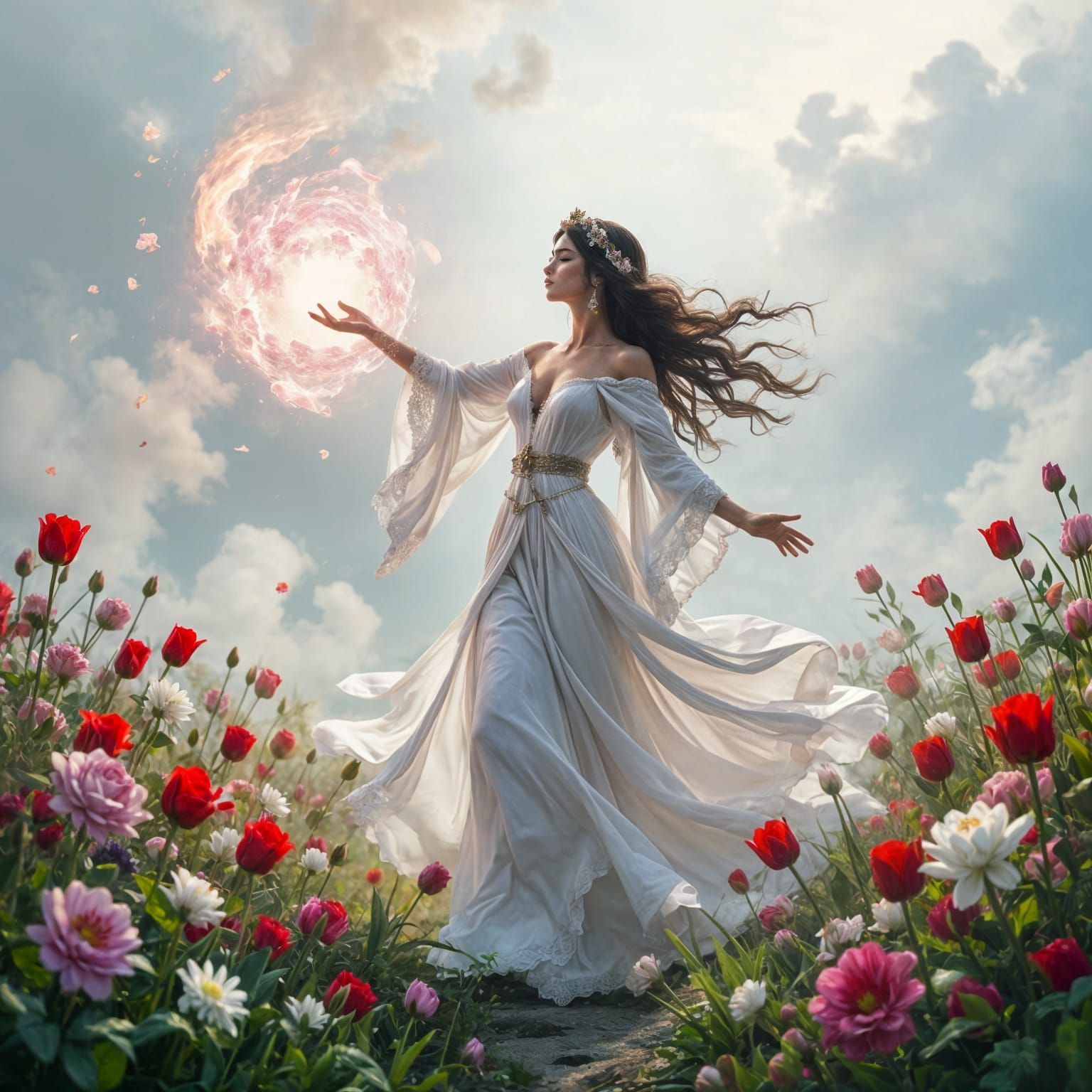 Sorceress Casting a Flower Spell in Ethereal Haze